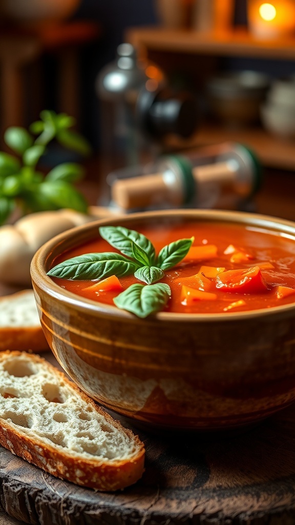 Quick Tomato Soup Recipe by Mary Berry A bowl of quick tomato soup garnished with basil, served with crusty bread in a cozy kitchen.